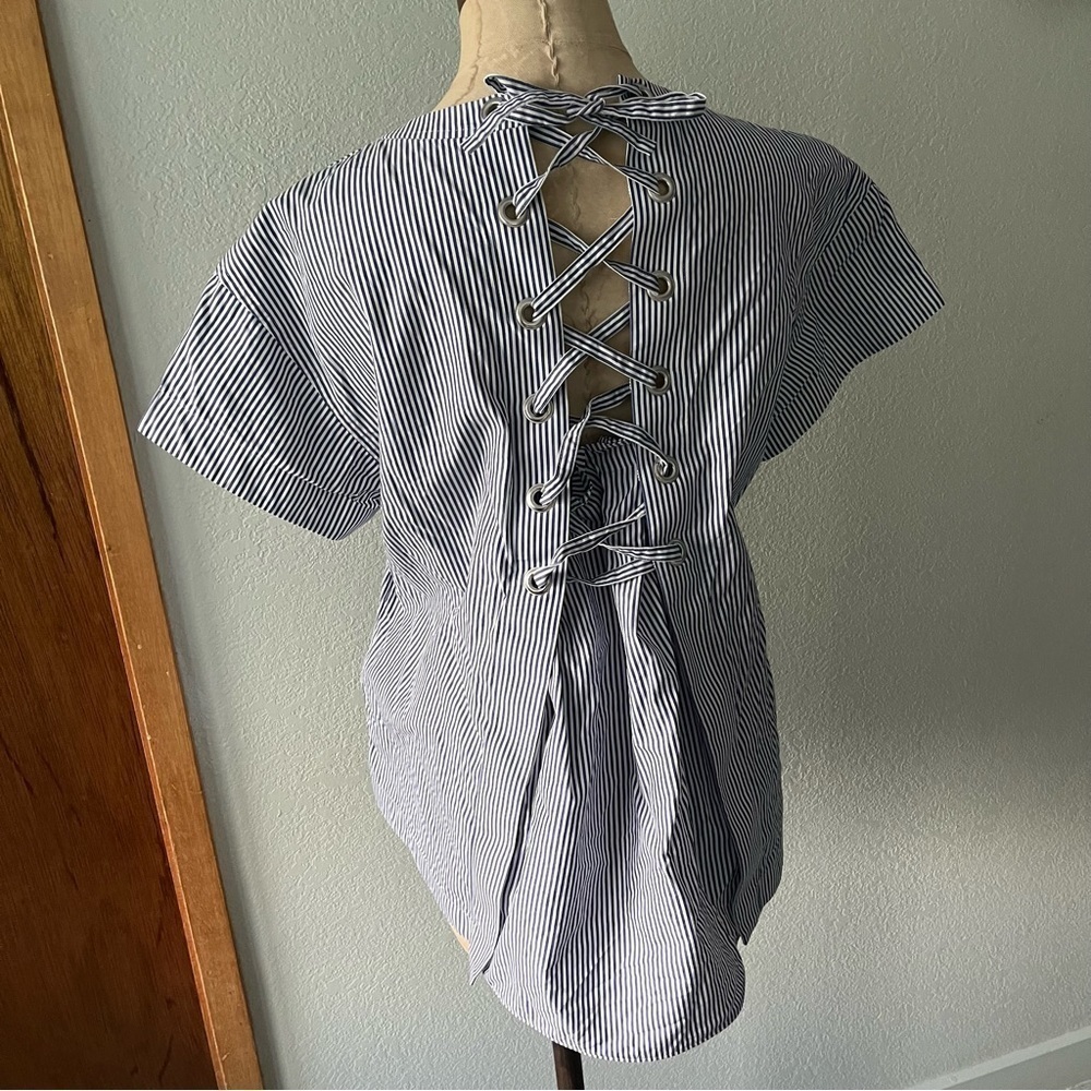 SACAI sz 2 S Striped Shirt Lace Up Back Woven Blouse Short Sleeve White …